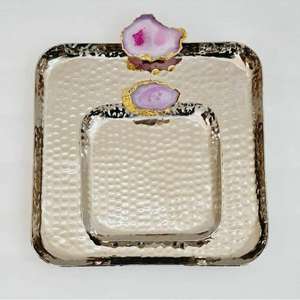 Nouveauté Plateau de service en métal Excellente qualité Plateau de service design martelé avec poignée en agate Plateau en métal classique élégant - Product Image 5