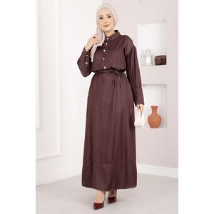 Robe en denim Tencel bordeaux à demi-boutonnage et ceinture, manches courtes, coupe droite modeste, élément de mode simple - Product Image 1