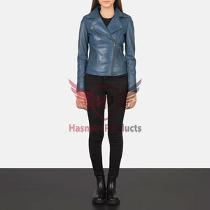 Womens Real Blue Leather Biker Jacket Asymmetric Zip Lapel Collar Sheepskin <b>Coat</b> <b>Zipper</b> Pockets Slim Fit Custom Outwear New Look - Product Image 4