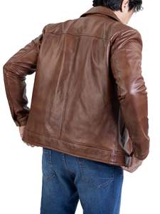 Veste en cuir de vachette véritable à col polo, qualité supérieure, style vintage, délavé, pour hommes - Product Image 2