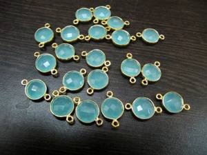 5 Pc Set-: Aqua Chalcedony <b>Coin</b> Shape Connectors Double Loop 10 mm to 11 mm, Briolette Bezel 24Kt Gold Plated - Product Image 3