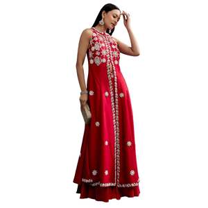 Costume Palazzo Rouge Avec Miroir Et Moti Work Slit Kurta Vente En Gros Vêtements Ethniques Pour Femmes OEM Vêtements Usine Fournisseur En Gros - Product Image 5