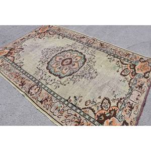 Tapis Turc Vintage 5.7 X 8.7ft Vert Orange Patchwork Motif Fait Main Laine Viscose Rectangulaire Couloir Style Latex pour Adolescents - Product Image 4