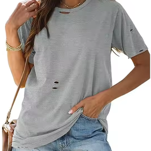 เสื้อยืดผู้หญิงแบบขาดรุ่ย ผลิตจากโรงงาน เป็นมิตรกับสิ่งแวดล้อม ผ้าฝ้าย 100% สีตามสั่ง บริการ OEM ขายดี - Product Image 2