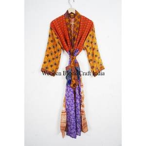 Vintage Recycled <b>Silk</b> Floral Summer <b>Kimono</b> Robe Breathable Drawstring Closure Indian Sari Gift for Women Sleepwear Bridesmaid - Product Image 6