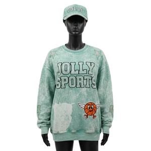 Sweat-shirt oversize en molleton de haute qualité, coton et polyester, lavage à l'acide, vert menthe, logo en chenille avec strass, sweat-shirts basiques pour femmes - Product Image 1