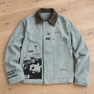 เสื้อแจ็คเก็ตผ้าแคนวาสหนานุ่มพิมพ์ลายตามสั่ง OEM สำหรับผู้ชาย สไตล์วินเทจ ล้างสีแล้ว พร้อมปกคอร์ดูรอย - Product Image 1