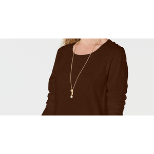 Maglia Casual da Donna Style Co a Maniche Lunghe con Collo Tondo, Marrone, Taglia X-Large, in Tessuto Satinato Lavorato a Maglia con Logo Ricamato e Pizzo, per Primavera e Ufficio - Product Image 2