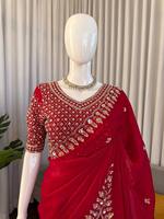 Sari en soie rouge de créateur pour femme, extensible, infroissable, avec bordure richement brodée de sequins, longueur cheville, idéal pour les fêtes de Diwali et les mariages