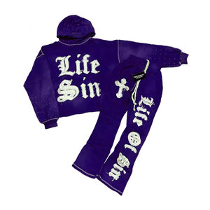 Nouvelle Collection : Ensemble Survêtement à Capuche en Coton Lourd 100% avec Broderies Personnalisées Effet Vieilli et Délavé à l'Acide, Coupe Ample et Bas Évasé - Product Image 3