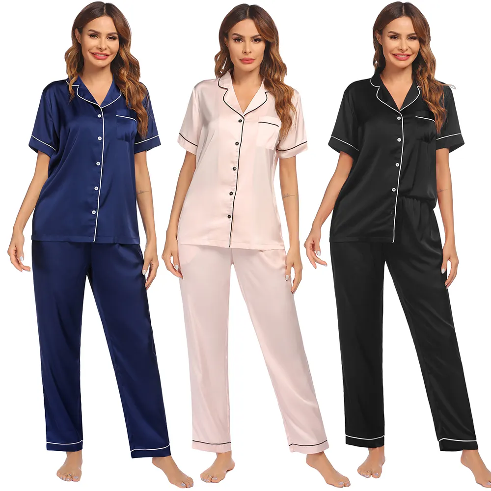 Effen Kleur Korte Mouwen Button Down Lounge Wear Satin Vrouwen Designer 2 Stuk Pyjama Pj Set Voor Vrouwen