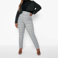 Pantalon crayon taille haute à carreaux pour femme grande taille, mélange polyester-coton, coupe ajustée, formel, automne, longueur complète, fermeture éclair