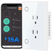 Prise murale intelligente US 15A avec panneau en verre, contrôle sans fil Tuya, minuterie, compatible Alexa Google Home, interrupteur Wi-Fi
