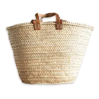 Handgewebte marokkanische Palmblatt-Schultertasche für Damen, Strand-Einkaufstasche, mittelgroß (30-50 cm), mit Reißverschluss, braune Griffe