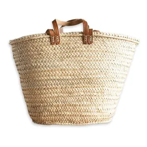 Sac à bandoulière en feuilles de palmier marocaines tissées à la main pour femme, grand cabas de plage et de shopping (plus de 50 cm), fermeture éclair, poignées marron, style minimaliste - Product Image 2