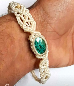 <b>Turquoise</b> Stone Macrame Bracelet Handmade With Adjustable Silver Chords Small Brass <b>Beads</b> New Year or Father's Day Gift - Product Image 1