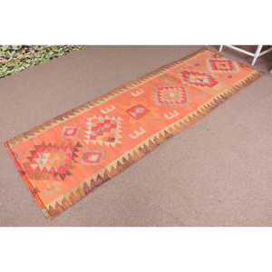 Vintage Kilim <b>Runner</b> <b>Rug</b> 2.8x8.7 ft (84x265 cm), Turkish Orange Animal Print Wool <b>Rug</b> - Product Image 2