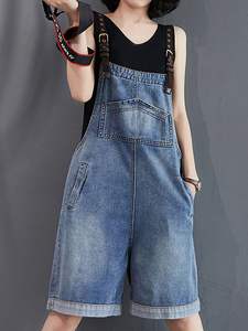 Denim High Quality <b>Short</b> <b>Dungaree</b> for <b>Women</b> Light Wash Distressed Vintage Effortless Style Bib Overall Button Printed Trendy - Product Image 2