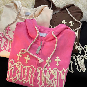 เสื้อฮู้ดดี้สตรีทแวร์สีชมพูแบบมีเชือกผูก ผ้าคอตตอน 100% ทรงหลวม ซิปหน้า พิมพ์ลายพัฟฟ์ น้ำหนัก 500 กรัม สำหรับผู้ชาย - Product Image 2