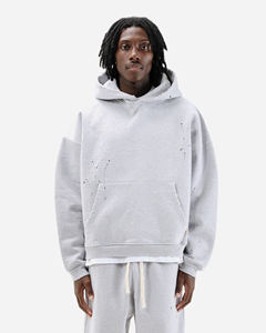 Sweat-shirt à capuche pour homme en molleton imprimé 100% coton gris chiné délavé, ourlet côtelé, style décontracté, automne, prix de gros, directement de l'usine - Product Image 3