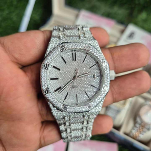 Reloj de pulsera para hombre, plateado, con incrustaciones de piedras, de acero inoxidable, con juego completo de piedras, estilo brillante - Product Image 1