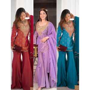 Nouvelle collection de créateurs Simar Silk Top-Bottom Dupatta Set avec broderie Entièrement cousu Prêt à porter pour les fêtes - Product Image 6
