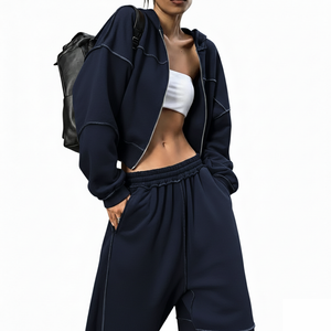 Latest Design Custom Logo Hooded Casual Women's Tracksuit Premium Quality 100% Cotton Loose Fit Zipper Tops Solid <b>Matching</b> - Product Image 3