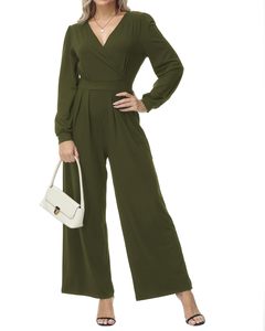 Combinaison longue pour femme avec décolleté en V et détails de poches, pantalon large et long, manches longues, respirante, pour le printemps/été - Product Image 3