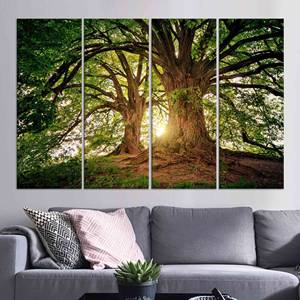 ผ้าใบพิมพ์ลายป่าพระอาทิตย์ขึ้น: ภาพพิมพ์ศิลปะต้นไม้สีเขียว ของตกแต่งบ้านสไตล์ฟาร์มเฮาส์ ชุดผ้าใบ 4 ชิ้น - Product Image 1