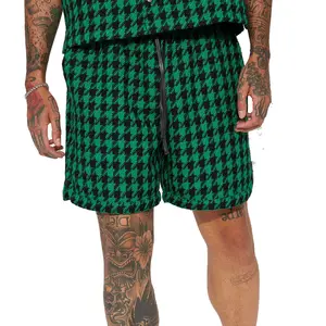 High Quality Men Green Check Printed Sweat Shorts For Sale Men Customized Casual Shorts With Drawstrings In Bulk