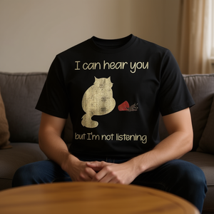 Camiseta con estampado digital de gato para adultos, unisex, manga corta, cuello redondo, I Can Hear You But I'm Not Listening - Product Image 3