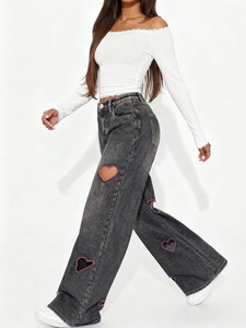 Style rétro européen <span class=keywords><strong>taille</strong></span> <span class=keywords><strong>haute</strong></span> jambes larges <span class=keywords><strong>jean</strong></span> pour femmes couleur unie minceur Denim coeur découpe <span class=keywords><strong>taille</strong></span> XL pour été hiver - Product Image 3