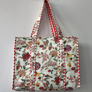 Bolso de mano Multicolor Reversible de algodón acolchado, estampado a mano, ecológico, sostenible, para compras, playa, fin de semana, abierto - Product Image 1