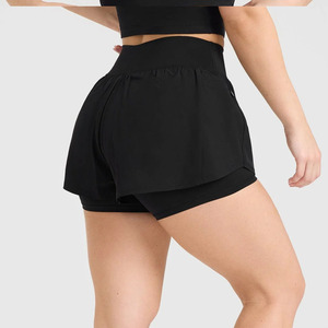 Pantalones cortos negros 2 en 1 para correr con logotipo personalizado para mujer, pantalones cortos elásticos de cintura alta y doble capa para mujer, pantalones cortos de gimnasio - Product Image 2