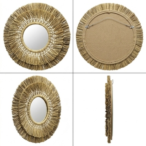 Miroir mural en macramé naturel Mendong, miroir rond suspendu à franges superposées, style soleil, décoration artistique pure pour la chambre, artisanat bohème pur - Product Image 3