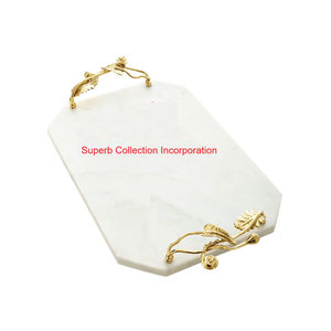 Plateau de service en marbre naturel blanc fabriqué à la main en laiton doré fleur Design poignée plateau rectangulaire décoratif de luxe pour la décoration intérieure - Product Image 4