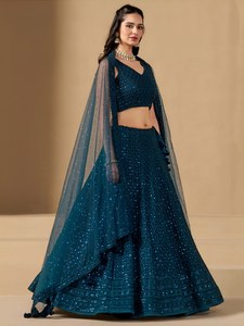 Elegante Lehenga Choli de Georgette de Poliéster Azul, Largo hasta el Suelo, de Secado Rápido, con Bordado de Lentejuelas Resham, para Bodas y Fiestas - Product Image 2