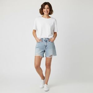 Shorts en jean déchiré taille haute pour femme, prêts à être expédiés, délavage clair - Product Image 4