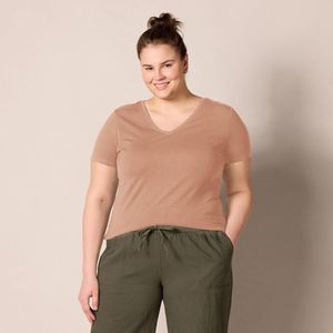 T-shirt décontracté en coton tricoté à col en V et manches courtes pour femme, couleur unie, respirant, coupe classique, printemps-été - Product Image 6