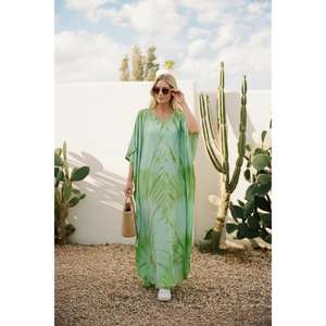 <b>Women</b> Tie Dye Green Floor-Length <b>Kaftan</b> Dress V Neck Loose Fit Natural Waist Washable Beachwear Summer Resort Dress - Product Image 2
