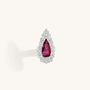 Platinum Cocktail <b>Ring</b> With Natural Pear Ruby Pave Diamond Halo Water Drop Shape Women's Engagement Jewelry July Birthstone - Product Image 1