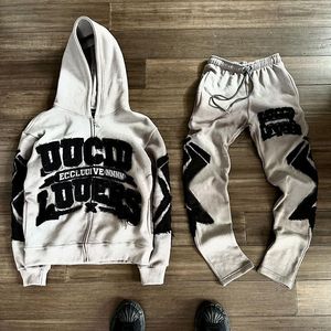 Conjunto de sudadera con capucha y pantalones de chándal de gran tamaño personalizados, bordado de desgastes lavado ácido, chándal de talla grande ecológico para hombre Stack Flare - Product Image 4