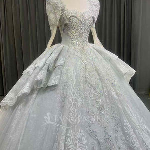 Robe de mariée longue bleue pour femme, modèle OY009, moderne, scintillante, à col carré, broderie florale en dentelle et sequins, avec traîne chapelle - Product Image 4