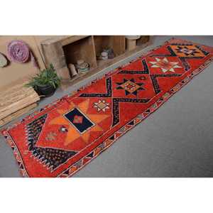 Vintage <b>Runner</b> Rug 3.1x10.6 ft, <b>Red</b> Polka dot Turkish Wool Rug - Product Image 5