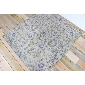 Tapis turc vintage 4x4,4 pieds, tapis bleu à motifs floraux en laine - Product Image 2