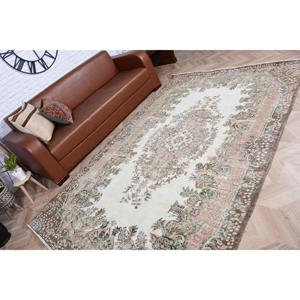 5.9x9 ft Vintage Rug, Turkish Large Rug, <b>Brown</b> White Floral <b>Wool</b> Rug - Product Image 4