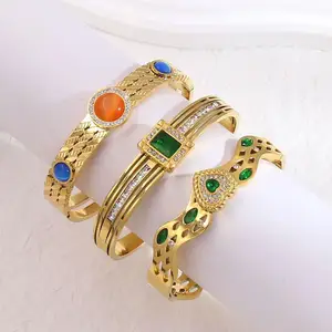 Moda Jóias De Aço Inoxidável Pulseiras Bangles Atacado Gemstone Colorido 18K Banhado A Ouro Chunky Opal Stone Bangles