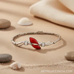 Bracelet manchette en alliage plaqué argent avec cœur en corail pour femme, style vintage, idéal comme cadeau - Product Image 2