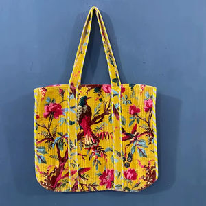 Sac fourre-tout pour femme en velours imprimé à la main en Inde, style bohème vintage, imprimé jungle jaune, broderie multicolore, fermeture éclair pour - Product Image 1