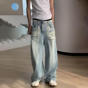 Pantalon en jean baggy pour homme personnalisé, pantalon droit délavé, taille basse, lavage clair, motif uni, respirant pour le printemps - Product Image 6